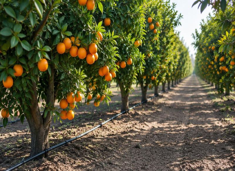 Rows of orange trees on a drip-irrigated farm