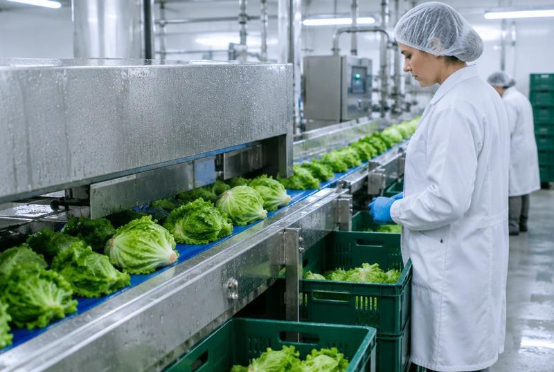 Lettuce on a packing line with a worker in protective clothing
