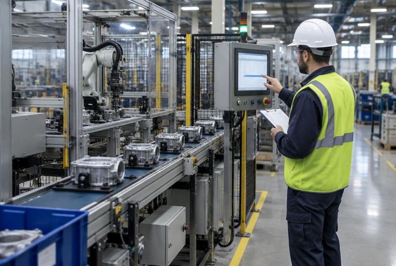 Engineer with a tablet on an automated production line