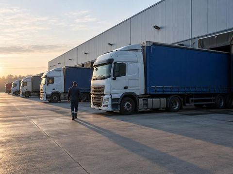 Trucks in a yard at sunset