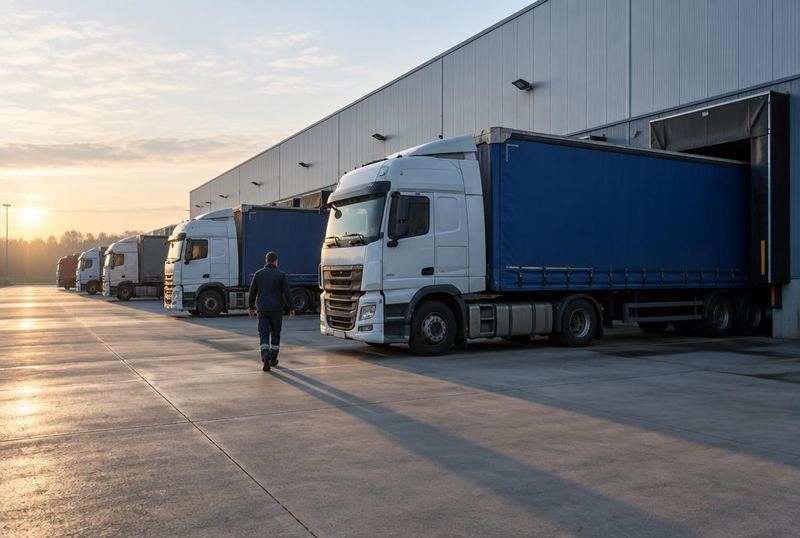Trucks lined up in a yard at sunset